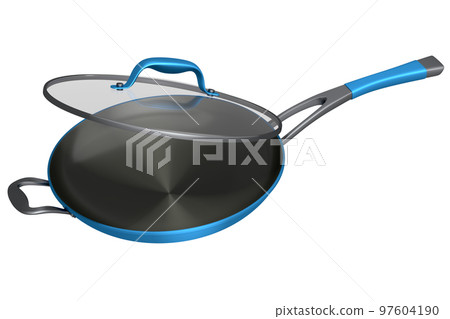 Frying pan with glass lid on white background, non-stick kitchen utensils Frying pan with glass lid on white background, non-stick kitchen utensils 97604190