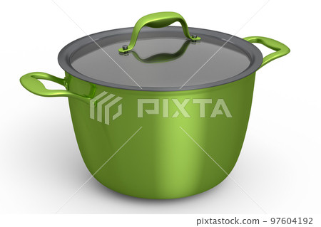 Stainless steel stewpot and chrome plated aluminum cookware on white background Stainless steel stewpot and chrome plated aluminum cookware on white background 97604192