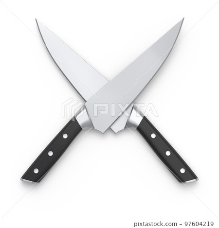 Set of chef's kitchen knives with a wooden handle isolated on white background. 97604219