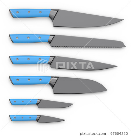 Set of chef's kitchen knives with a wooden handle isolated on white background. 97604220