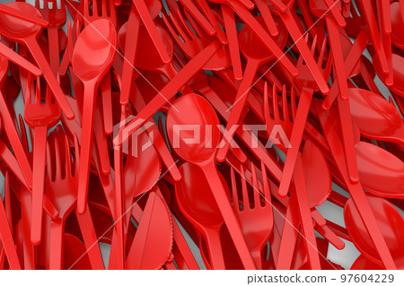 Heap of disposable utensils like spoon, fork and knife on white background. Heap of disposable utensils like spoon, fork and knife on white background. 97604229