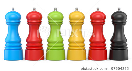 Set of salt or pepper wooden mill filled with peppercorns on white background. Set of salt or pepper wooden mill filled with peppercorns on white background. 97604253