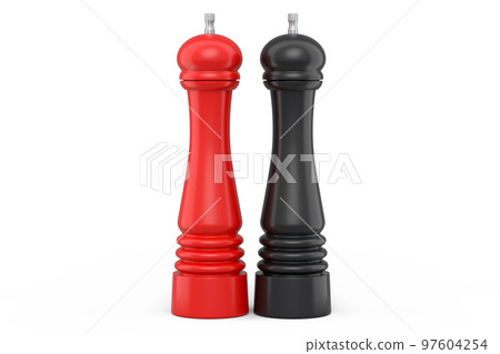 Set of salt or pepper wooden mill filled with peppercorns on white background. 97604254