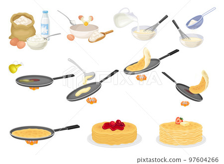 Pancake Cooking Process with Mixing Ingredient in Bowl and Frying on Pan Big Vector Set Pancake Cooking Process with Mixing Ingredient in Bowl and Frying on Pan Big Vector Set 97604266