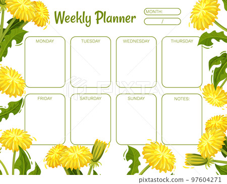 Dandelion Weekly Planner Design with Flowering Plant with Yellow Flower Head Vector Template 97604271
