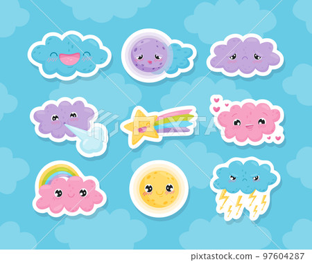 Cute Weather Stickers with Moon, Cloud and Star Vector Set 97604287