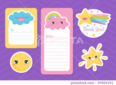 Note Sheet Page with Cute Sun, Cloud and Star Vector Template Note Sheet Page with Cute Sun, Cloud and Star Vector Template 97604291