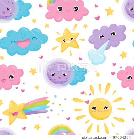 Cute Weather with Sun, Cloud and Star Seamless Pattern Vector Template Cute Weather with Sun, Cloud and Star Seamless Pattern Vector Template 97604294