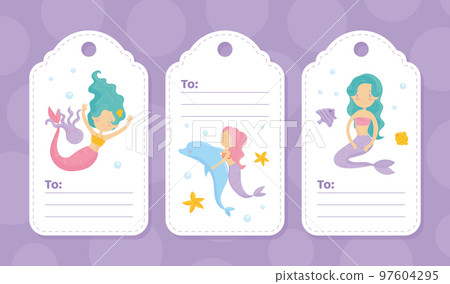 Mermaid Tags with Cute Swimming Girl with Fish Tails Vector Template Mermaid Tags with Cute Swimming Girl with Fish Tails Vector Template 97604295