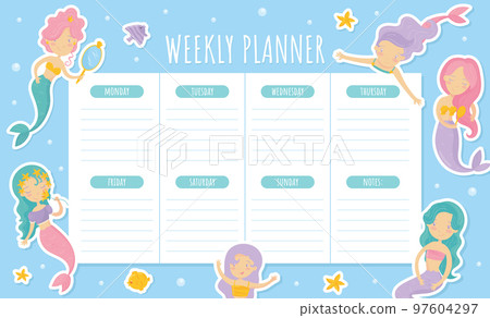 Mermaid Weekly Planner with Cute Swimming Girl with Fish Tails Vector Template 97604297