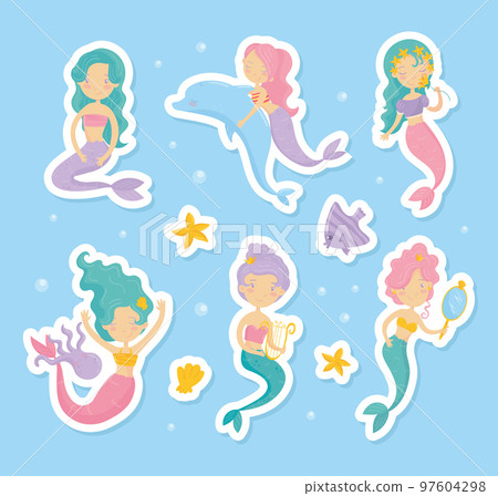 Mermaid Stickers with Cute Swimming Girl with Fish Tails Vector Set Mermaid Stickers with Cute Swimming Girl with Fish Tails Vector Set 97604298