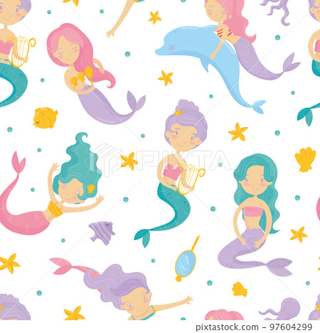Mermaid Seamless Pattern with Cute Swimming Girl with Fish Tails Vector Template 97604299