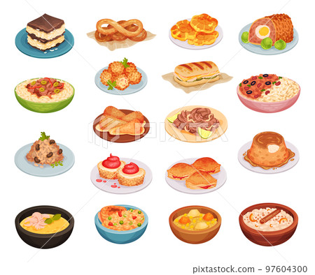 Cuban Food Served on Plate for Restaurant Menu Big Vector Set 97604300