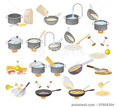 Cooking Rice and Pasta Carbonara Steps Big Vector Set 97604304