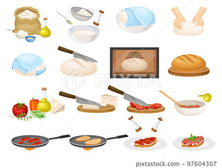 Bruschetta Cooking and Bread Kneading with Ingredients and Utensil Big Vector Set Bruschetta Cooking and Bread Kneading with Ingredients and Utensil Big Vector Set 97604307
