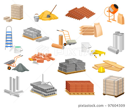 Construction and Building Materials at Industrial Site Big Vector Set Construction and Building Materials at Industrial Site Big Vector Set 97604309