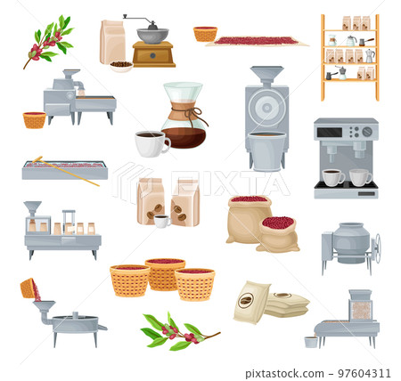 Coffee Production with Harvest and Industrial Process Big Vector Set 97604311