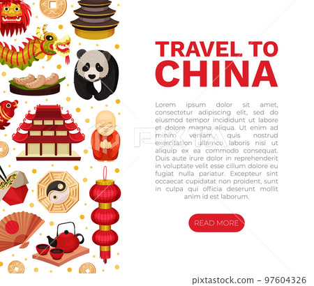 China Banner Design with Traditional Chinese Attribute and Symbols Vector Template 97604326
