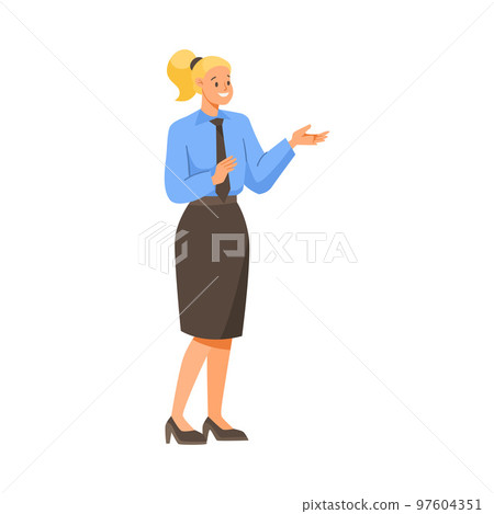Cheerful Woman Office Worker Standing and Smiling Vector Illustration 97604351
