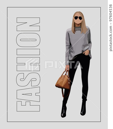 Fashion woman in sunglasses. Hand drawn stylish woman Beautiful young lady in fashion clothes. Girl on gray and stylish background with fashion inscription 97604536