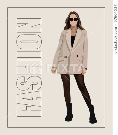 Fashion woman in sunglasses. Hand drawn stylish woman Beautiful young lady in fashion clothes. Girl on gray and stylish background with fashion inscription 97604537
