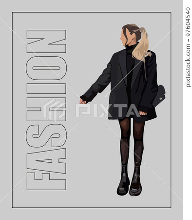 Fashion woman in sunglasses. Hand drawn stylish woman Beautiful young lady in fashion clothes. Girl on gray and stylish background with fashion inscription 97604540