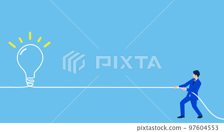 Illustration of a businessman and a light bulb pulling a string, an image of an idea, vector Illustration of a businessman and a light bulb pulling a string, an image of an idea, vector 97604553