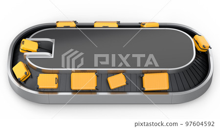 Airport luggage conveyor belt or baggage claim area with suitcases on white. 97604592