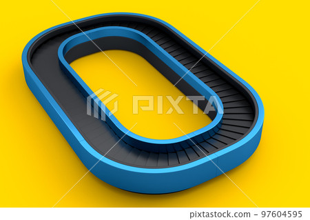 Airport luggage conveyor belt from baggage claim area on yellow background. 97604595