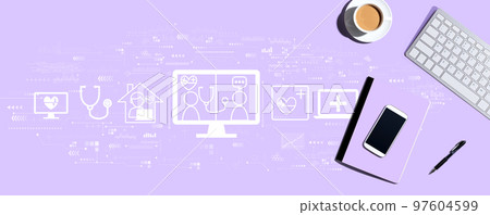 Telehealth theme with computer keyboard and office items 97604599