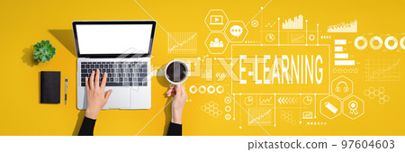 E-Learning theme with person using laptop computer E-Learning theme with person using laptop computer 97604603