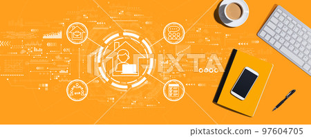 Remote Work theme with computer keyboard and office items Remote Work theme with computer keyboard and office items 97604705