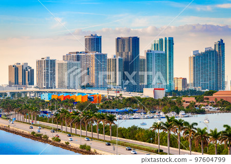 Miami, Florida, USA downtown skyline over MacAurther Causeway 97604799