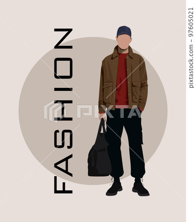 Stylish man in a flat style on an interesting and stylish background with the inscription fashion. Man in fashionable clothes. 97605021