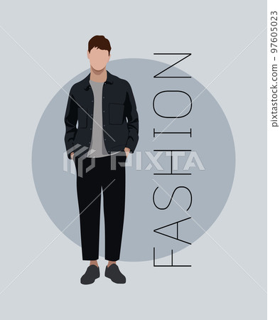 Stylish man in a flat style on an interesting and stylish background with the inscription fashion. Man in fashionable clothes. 97605023