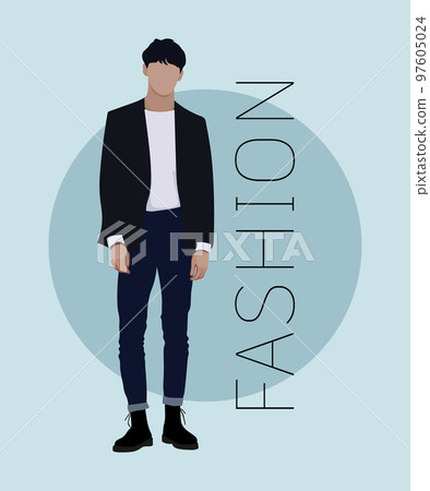 Stylish man in a flat style on an interesting and stylish background with the inscription fashion. Man in fashionable clothes. 97605024