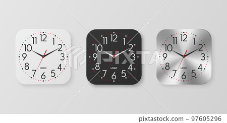 Vector 3d Realistic White, Black, Silver Square Wall Office Clock Icon Set, Design Template Isolated. Dial, Mock-up of Wall Clock for Branding and Advertise Isolated. Clock Face Design 97605296