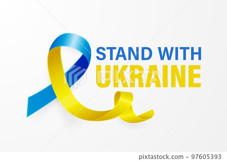 Stand with Ukraine. Anti War Call with the Smbol of Peace with Blue and Yellow Silk Ribbon. Ukranian Flag Colors. Struggle, Protest, Support Ukraine, Slogan. Vector Illustration 97605393