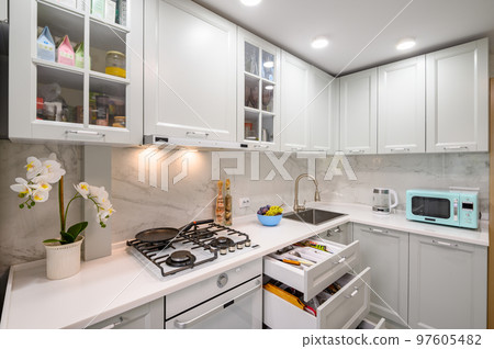 White and grey new modern well designed kitchen interior 97605482