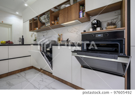 Large white and black luxury kitchen interior 97605492
