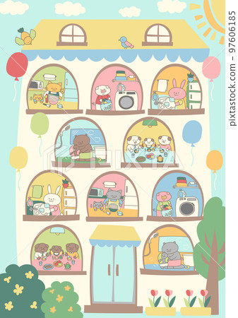 住著可愛動物的公寓的插圖素材 住著可愛動物的公寓的插圖素材 97606185