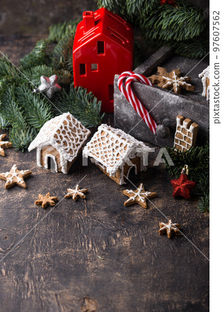 Christmas gingerbread house. Festive cookies. Christmas gingerbread house. Festive cookies. 97607562