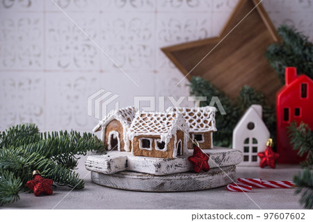 Christmas gingerbread house. Festive cookies. 97607602