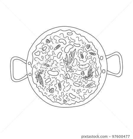 Outline drawing of chili con carne in a large pot. Traditional Mexican cuisine. Latin American food. 97608477