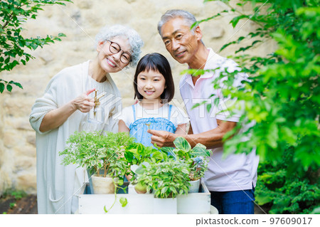 與一對老年夫婦和他們的孫子們一起園藝 97609017