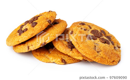 Pile of chocolate chip cookies isolated on white background 97609090
