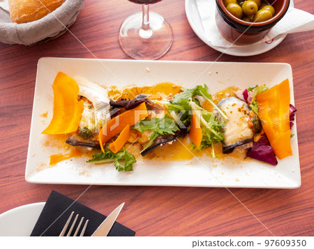 Eggplant rolls with ricotta, bacon and mozzarella Eggplant rolls with ricotta, bacon and mozzarella 97609350