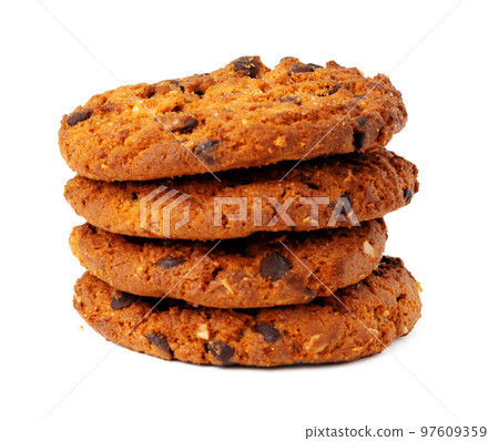 Stack of chocolate chip cookies isolated on white Stack of chocolate chip cookies isolated on white 97609359
