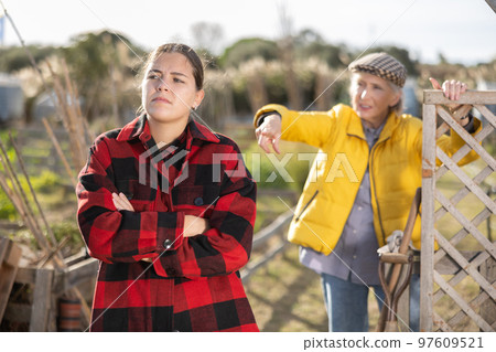 Two upset young and old female neighbors disagree with each other while standing near fence on smallholding in autumn 97609521