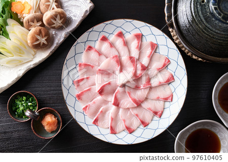 Assorted yellowtail shabu ingredients Assorted yellowtail shabu ingredients 97610405